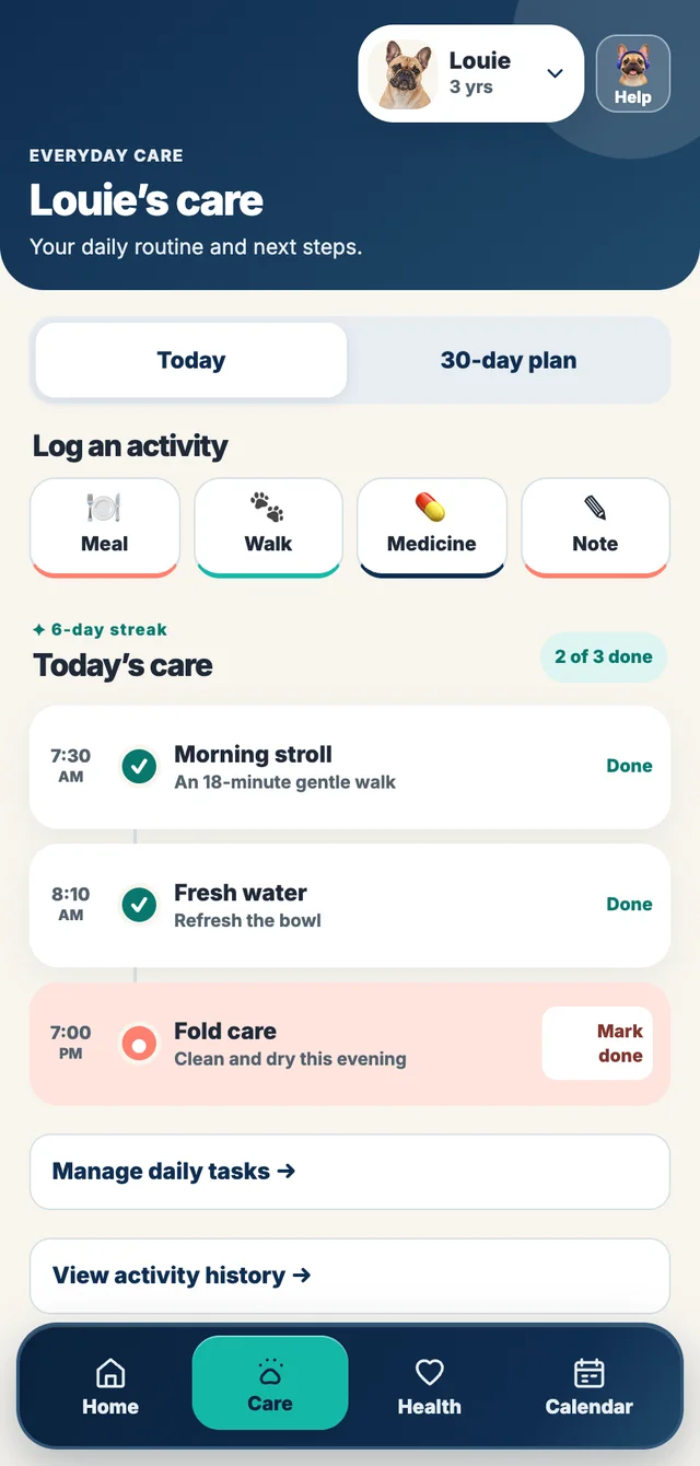 Actual FrenchieOS Care screen showing daily tasks and routine tools.