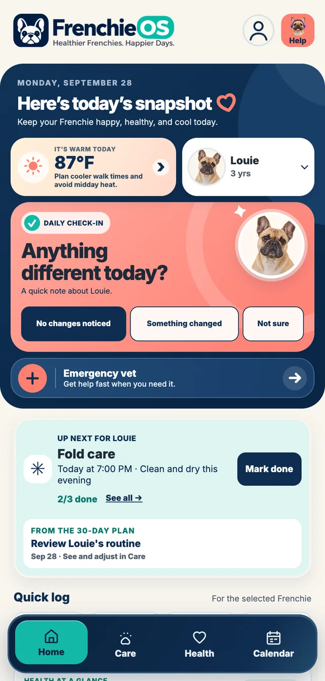Actual FrenchieOS Home screen for Louie with daily check-in, sample weather and next care task.