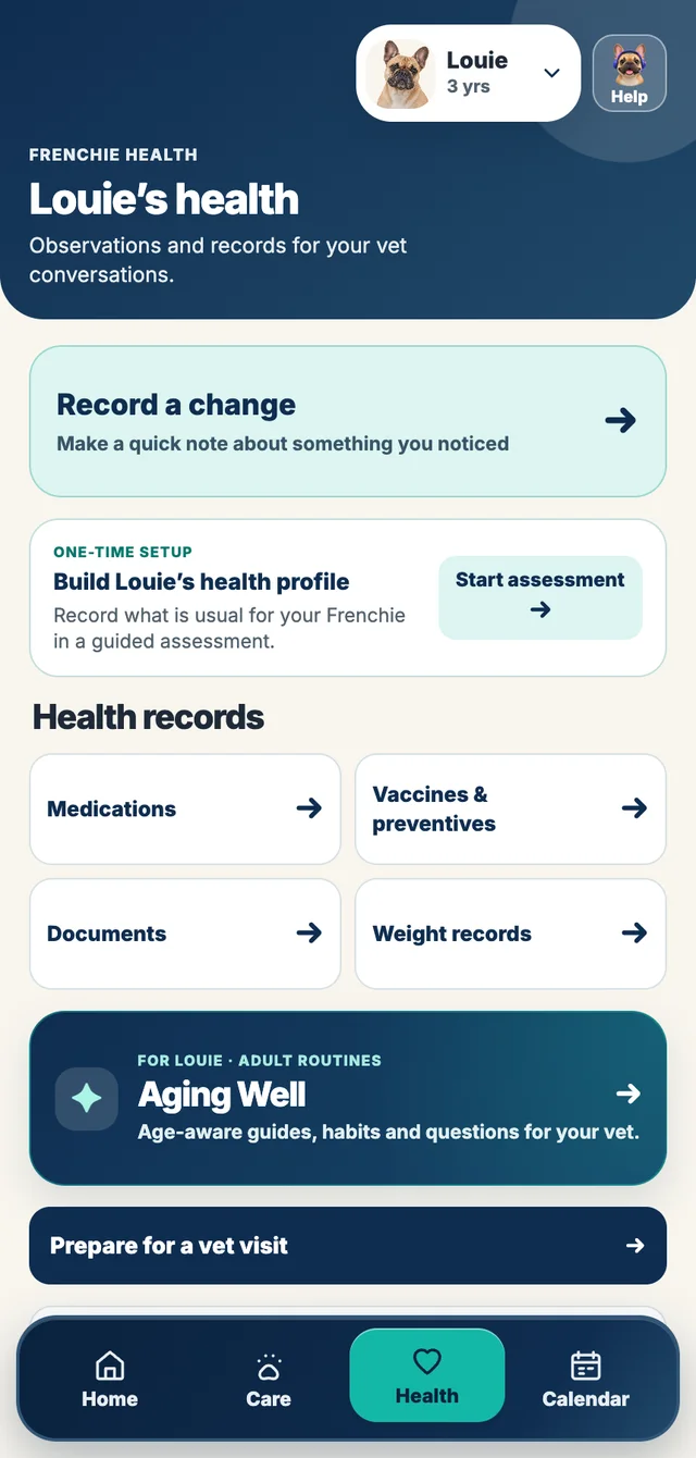 Actual FrenchieOS Health screen with grouped health tools and records.