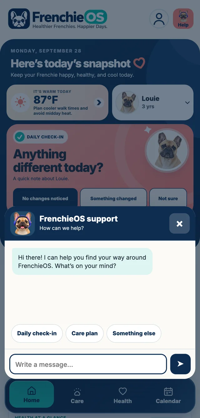 Actual FrenchieOS help panel with guided help topics.