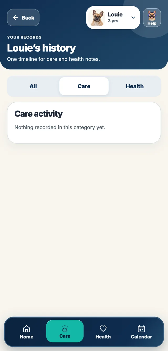 Actual FrenchieOS activity history screen for the sample profile.